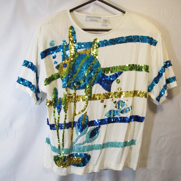 Collections by Michele Stuart top with sequined fish L - Picture 1 of 4